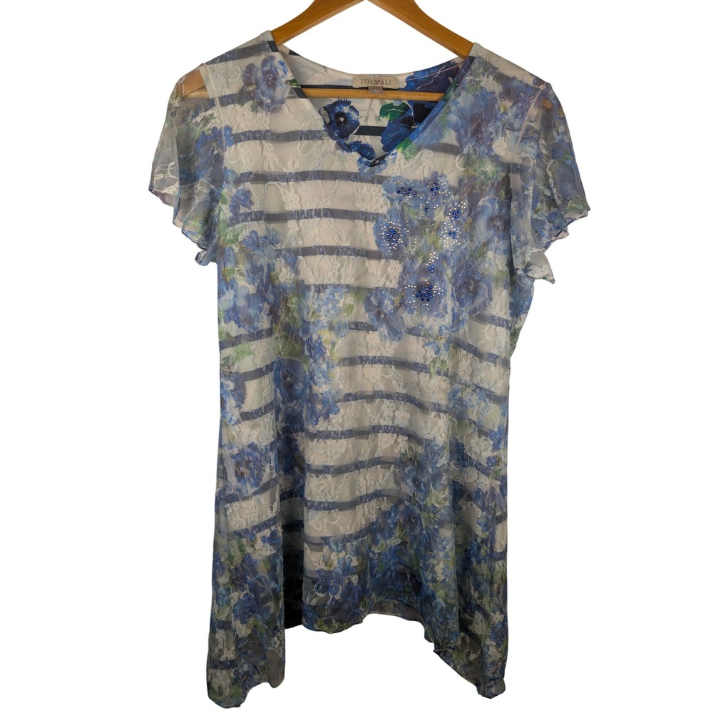 Roz & Ali Womens Blue Floral Lace Stripe Rhinestone Tunic Top Size L USA Made